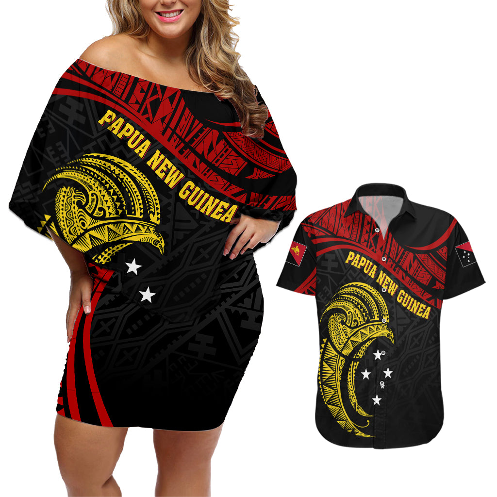 Papua New Guinea Couples Matching Off Shoulder Short Dress and Hawaiian Shirt 48th Independence Anniversary Bird-of-Paradise Tribal Art LT7 - Wonder Print Shop