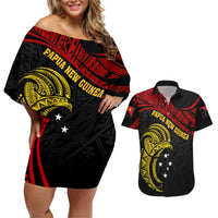 Papua New Guinea Couples Matching Off Shoulder Short Dress and Hawaiian Shirt 48th Independence Anniversary Bird-of-Paradise Tribal Art LT7 - Wonder Print Shop
