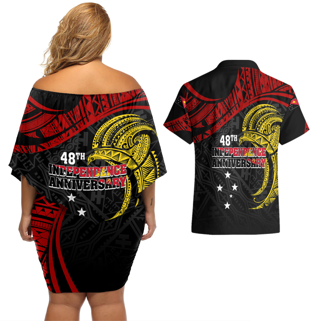 Papua New Guinea Couples Matching Off Shoulder Short Dress and Hawaiian Shirt 48th Independence Anniversary Bird-of-Paradise Tribal Art LT7 - Wonder Print Shop