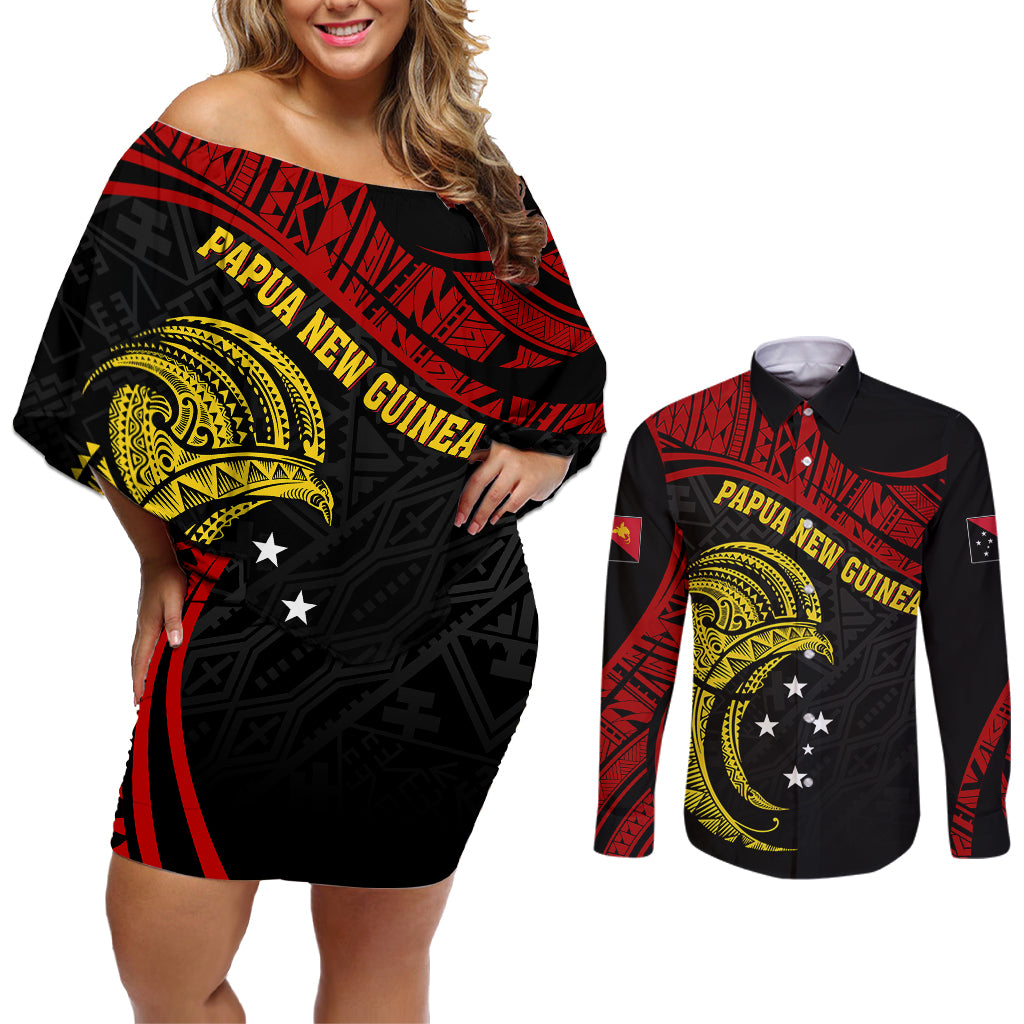 Papua New Guinea Couples Matching Off Shoulder Short Dress and Long Sleeve Button Shirts 48th Independence Anniversary Bird-of-Paradise Tribal Art LT7 - Wonder Print Shop