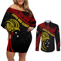 Papua New Guinea Couples Matching Off Shoulder Short Dress and Long Sleeve Button Shirts 48th Independence Anniversary Bird-of-Paradise Tribal Art LT7 - Wonder Print Shop