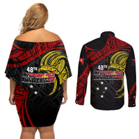 Papua New Guinea Couples Matching Off Shoulder Short Dress and Long Sleeve Button Shirts 48th Independence Anniversary Bird-of-Paradise Tribal Art LT7 - Wonder Print Shop