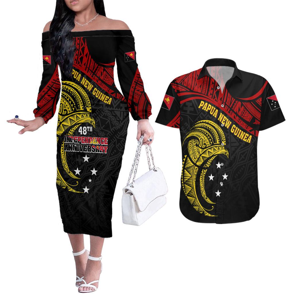 Papua New Guinea Couples Matching Off The Shoulder Long Sleeve Dress and Hawaiian Shirt 48th Independence Anniversary Bird-of-Paradise Tribal Art LT7 - Wonder Print Shop