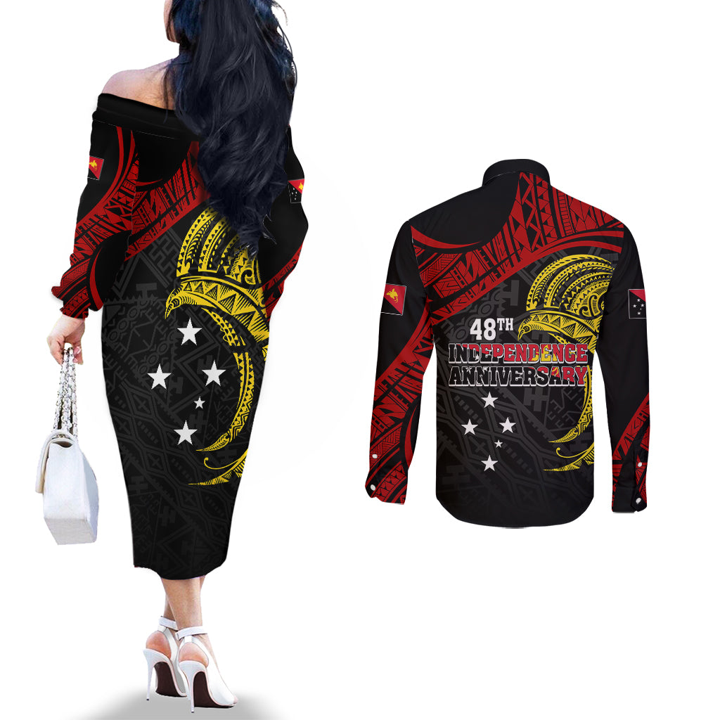 papua-new-guinea-couples-matching-off-the-shoulder-long-sleeve-dress-and-long-sleeve-button-shirts-48th-independence-anniversary-bird-of-paradise-tribal-art