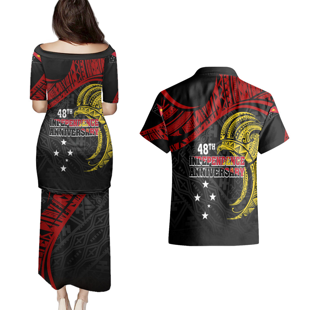 Papua New Guinea Couples Matching Puletasi Dress and Hawaiian Shirt 48th Independence Anniversary Bird-of-Paradise Tribal Art LT7 - Wonder Print Shop