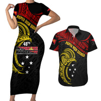 Papua New Guinea Couples Matching Short Sleeve Bodycon Dress and Hawaiian Shirt 48th Independence Anniversary Bird-of-Paradise Tribal Art LT7 - Wonder Print Shop