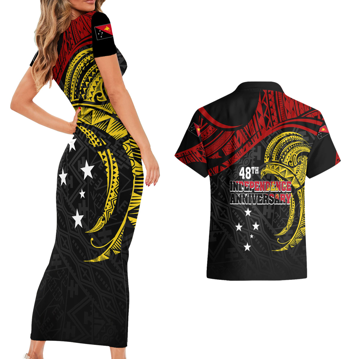 Papua New Guinea Couples Matching Short Sleeve Bodycon Dress and Hawaiian Shirt 48th Independence Anniversary Bird-of-Paradise Tribal Art LT7 - Wonder Print Shop