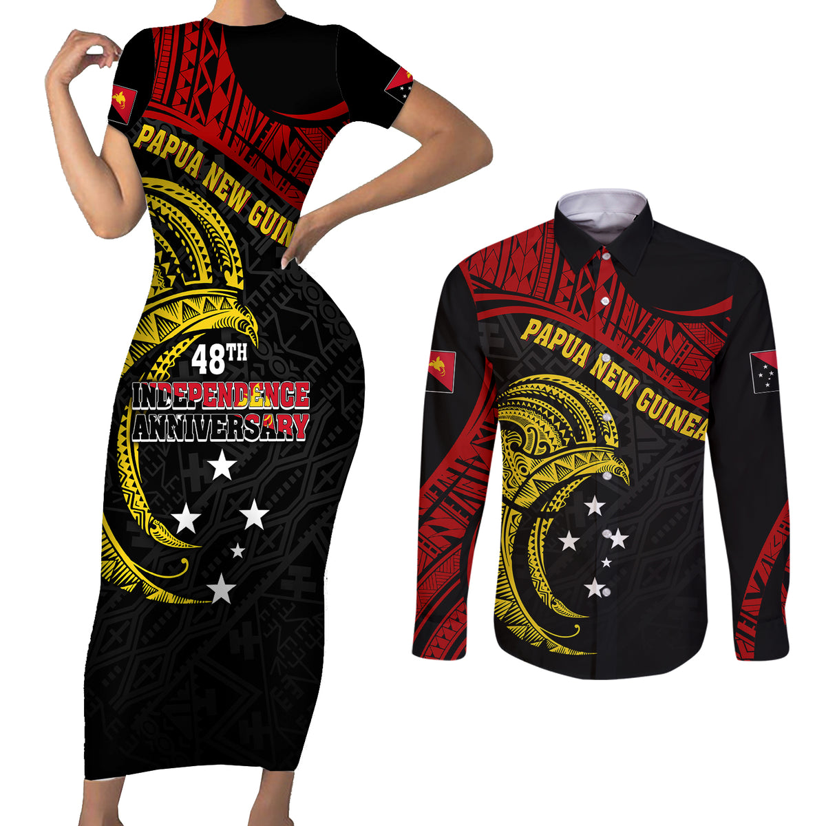 Papua New Guinea Couples Matching Short Sleeve Bodycon Dress and Long Sleeve Button Shirts 48th Independence Anniversary Bird-of-Paradise Tribal Art LT7 - Wonder Print Shop