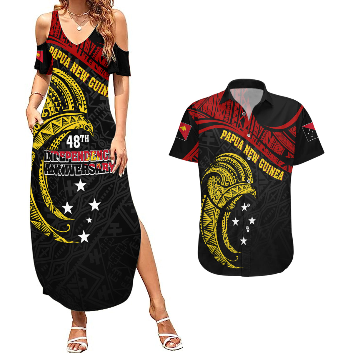 Papua New Guinea Couples Matching Summer Maxi Dress and Hawaiian Shirt 48th Independence Anniversary Bird-of-Paradise Tribal Art LT7 - Wonder Print Shop