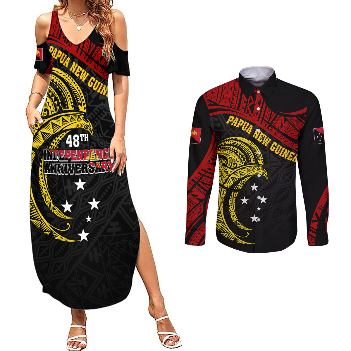 Papua New Guinea Couples Matching Summer Maxi Dress and Long Sleeve Button Shirts 48th Independence Anniversary Bird-of-Paradise Tribal Art LT7 - Wonder Print Shop