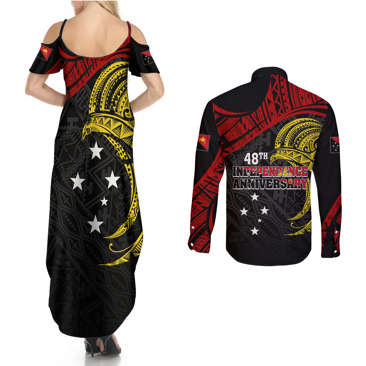 Papua New Guinea Couples Matching Summer Maxi Dress and Long Sleeve Button Shirts 48th Independence Anniversary Bird-of-Paradise Tribal Art LT7 - Wonder Print Shop