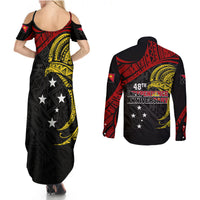 Papua New Guinea Couples Matching Summer Maxi Dress and Long Sleeve Button Shirts 48th Independence Anniversary Bird-of-Paradise Tribal Art LT7 - Wonder Print Shop