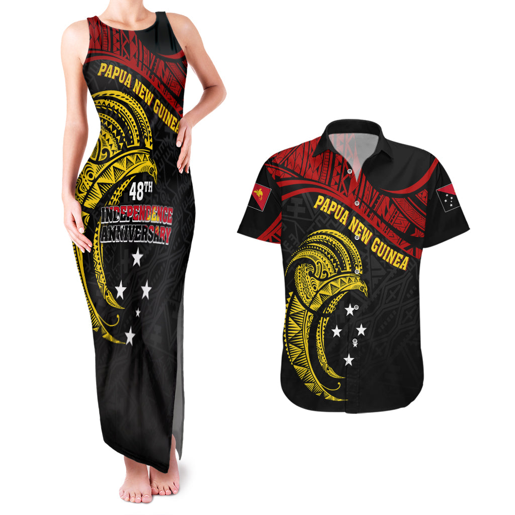 Papua New Guinea Couples Matching Tank Maxi Dress and Hawaiian Shirt 48th Independence Anniversary Bird-of-Paradise Tribal Art LT7 - Wonder Print Shop