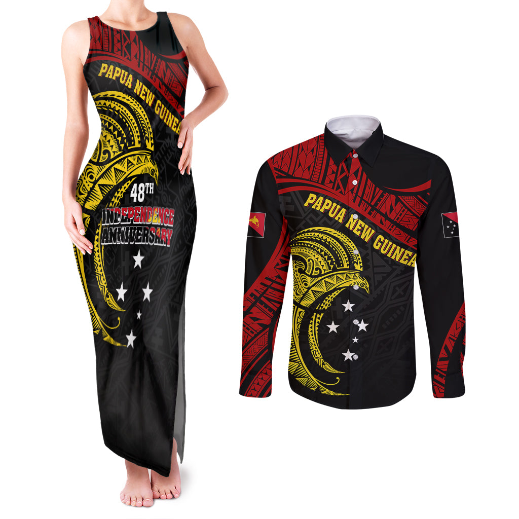 Papua New Guinea Couples Matching Tank Maxi Dress and Long Sleeve Button Shirts 48th Independence Anniversary Bird-of-Paradise Tribal Art LT7 - Wonder Print Shop