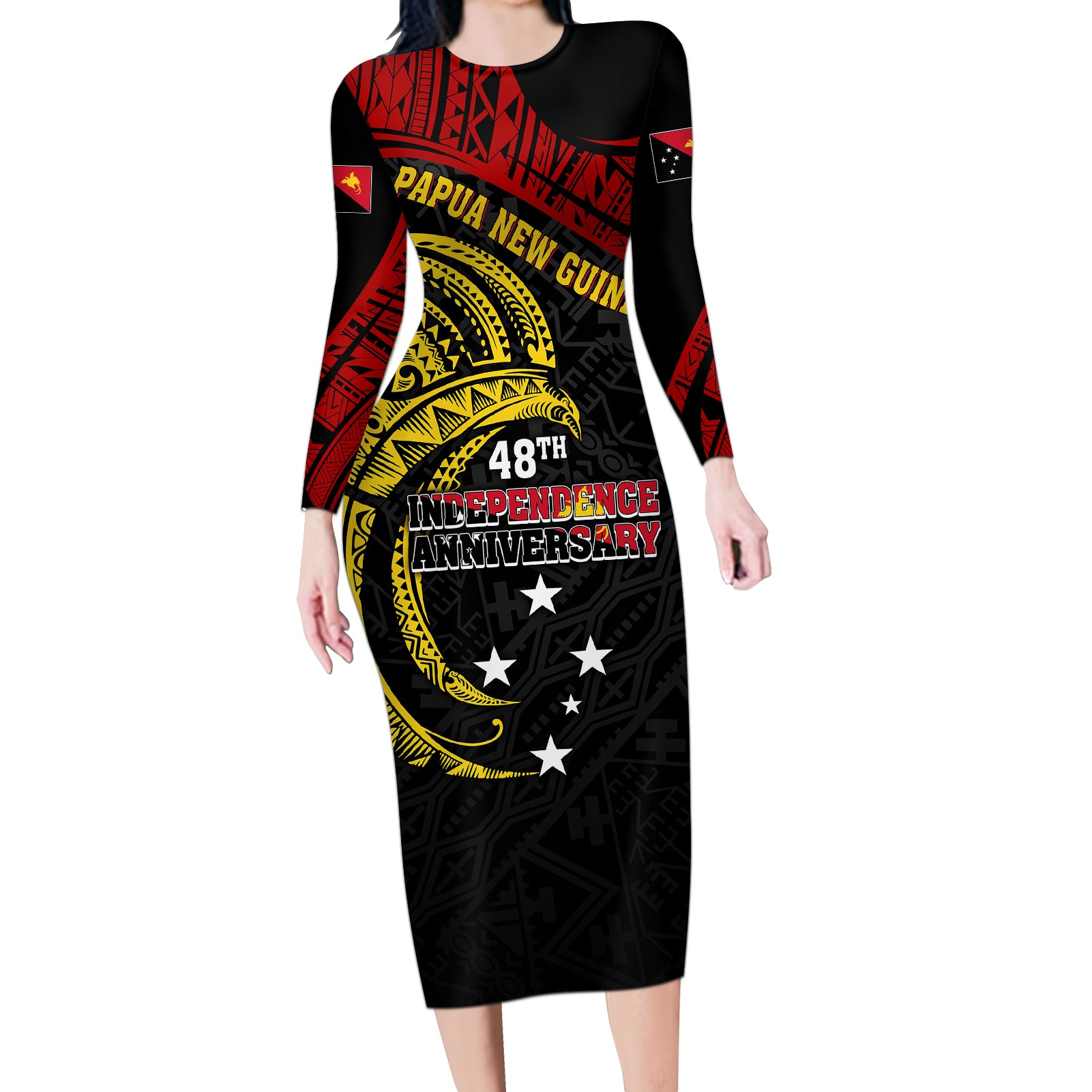 Papua New Guinea Long Sleeve Bodycon Dress 48th Independence Anniversary Bird-of-Paradise Tribal Art - Wonder Print Shop