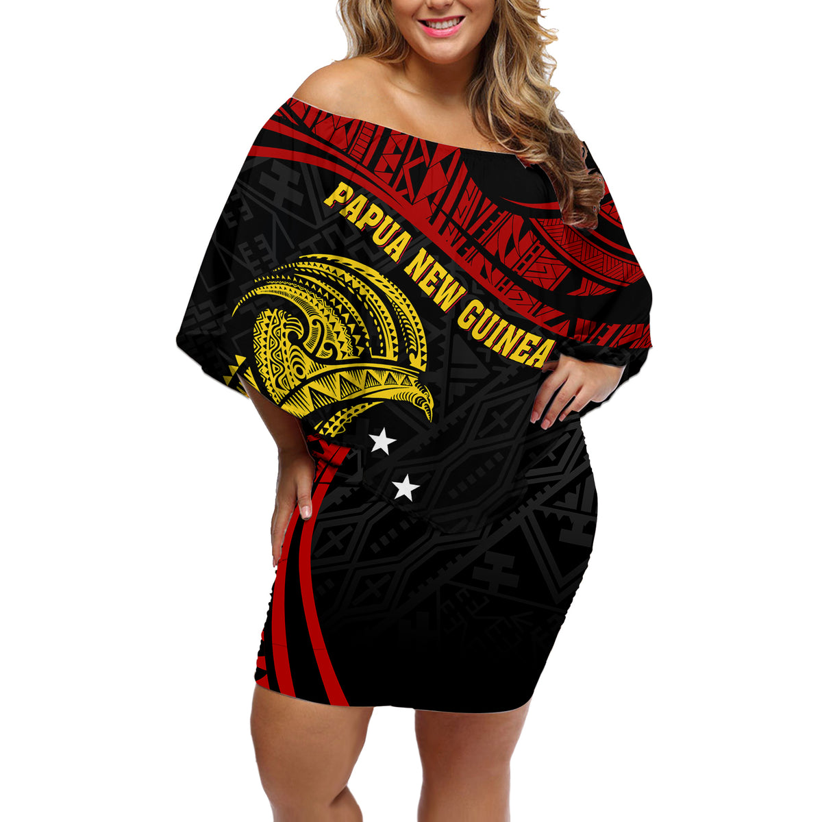 Papua New Guinea Off Shoulder Short Dress 48th Independence Anniversary Bird-of-Paradise Tribal Art - Wonder Print Shop