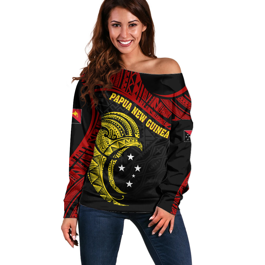 Papua New Guinea Off Shoulder Sweater 48th Independence Anniversary Bird-of-Paradise Tribal Art - Wonder Print Shop