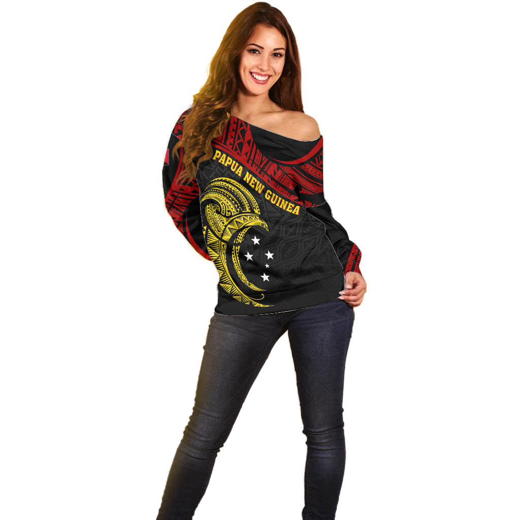Papua New Guinea Off Shoulder Sweater 48th Independence Anniversary Bird-of-Paradise Tribal Art - Wonder Print Shop