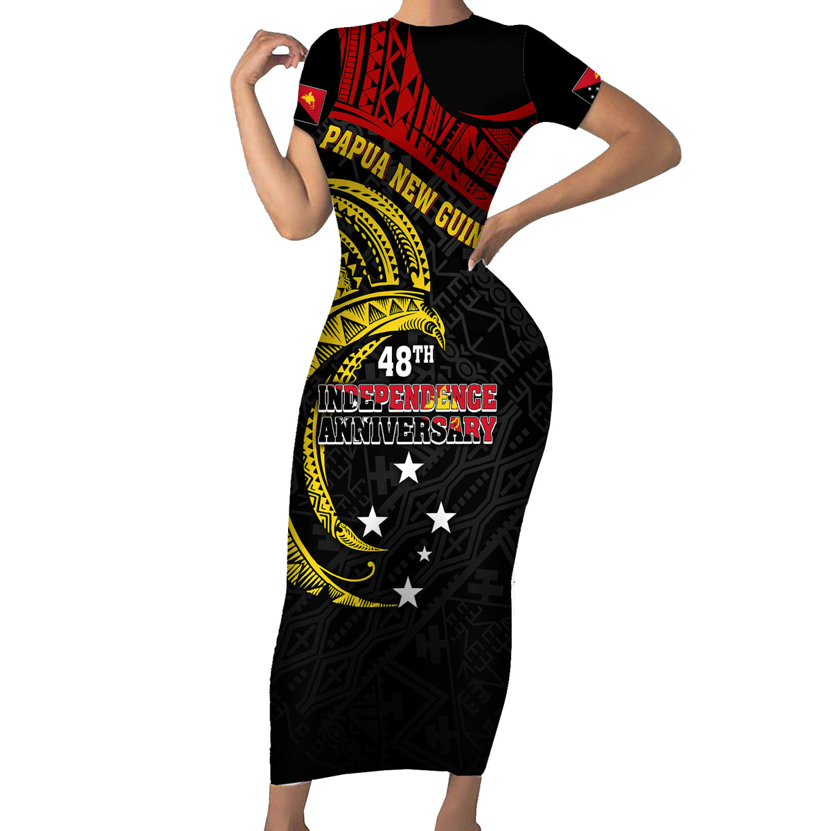 Papua New Guinea Short Sleeve Bodycon Dress 48th Independence Anniversary Bird-of-Paradise Tribal Art - Wonder Print Shop
