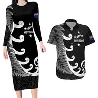 Personalised New Zealand Rugby Couples Matching Long Sleeve Bodycon Dress and Hawaiian Shirt Aotearoa Silver Fern Koru Maori Style LT7 - Wonder Print Shop