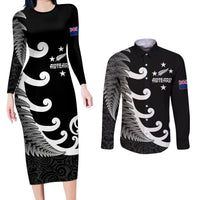 Personalised New Zealand Rugby Couples Matching Long Sleeve Bodycon Dress and Long Sleeve Button Shirts Aotearoa Silver Fern Koru Maori Style LT7 - Wonder Print Shop
