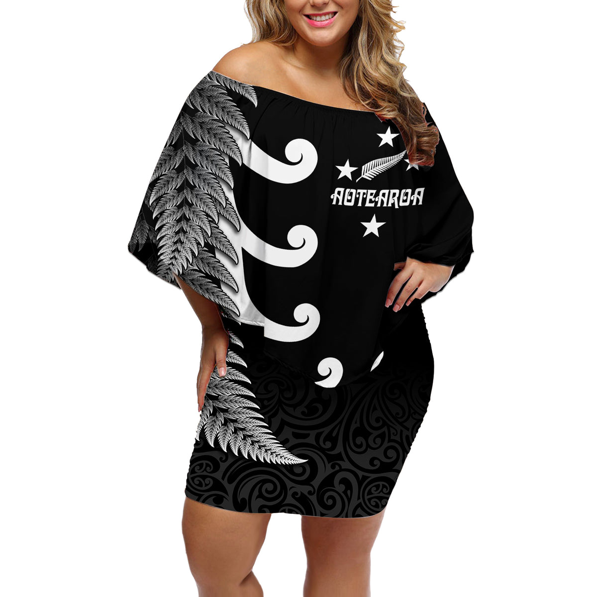 Personalised New Zealand Rugby Off Shoulder Short Dress Aotearoa Silver Fern Koru Maori Style - Wonder Print Shop