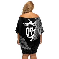 Personalised New Zealand Rugby Off Shoulder Short Dress Aotearoa Silver Fern Koru Maori Style - Wonder Print Shop