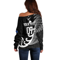 Personalised New Zealand Rugby Off Shoulder Sweater Aotearoa Silver Fern Koru Maori Style - Wonder Print Shop