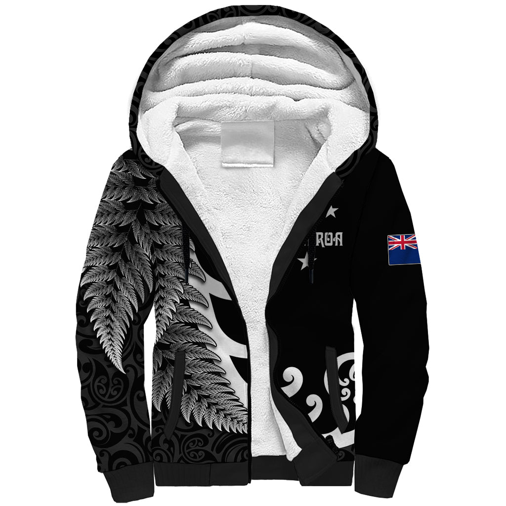 Personalised New Zealand Rugby Sherpa Hoodie Aotearoa Silver Fern Koru Maori Style - Wonder Print Shop
