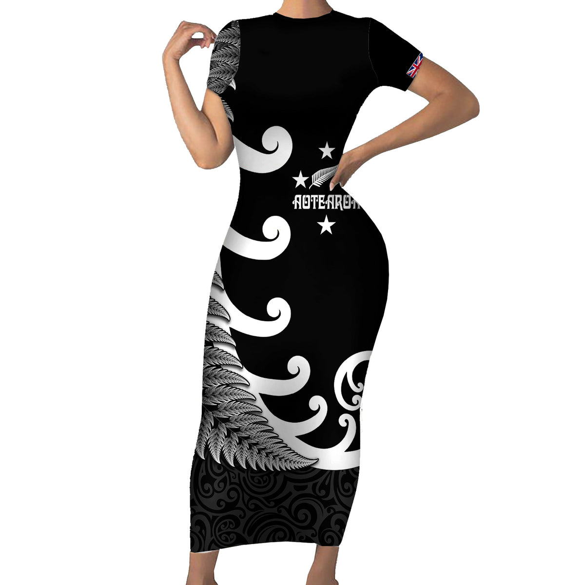 Personalised New Zealand Rugby Short Sleeve Bodycon Dress Aotearoa Silver Fern Koru Maori Style - Wonder Print Shop