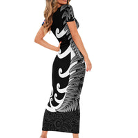 Personalised New Zealand Rugby Short Sleeve Bodycon Dress Aotearoa Silver Fern Koru Maori Style - Wonder Print Shop