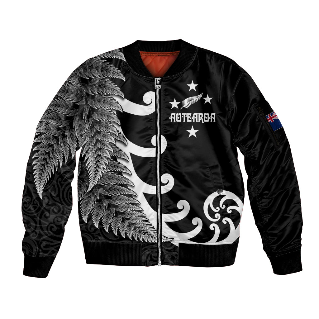 Personalised New Zealand Rugby Sleeve Zip Bomber Jacket Aotearoa Silver Fern Koru Maori Style - Wonder Print Shop