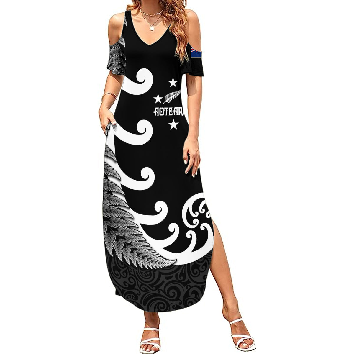 Personalised New Zealand Rugby Summer Maxi Dress Aotearoa Silver Fern Koru Maori Style - Wonder Print Shop