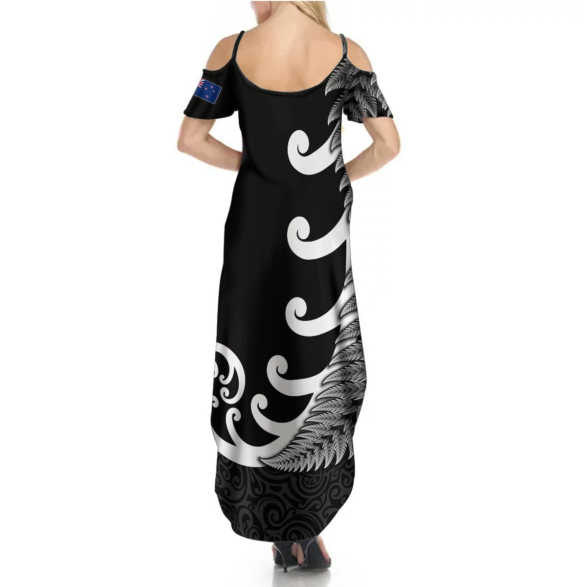 Personalised New Zealand Rugby Summer Maxi Dress Aotearoa Silver Fern Koru Maori Style - Wonder Print Shop