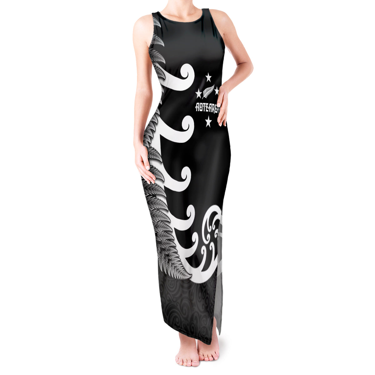 Personalised New Zealand Rugby Tank Maxi Dress Aotearoa Silver Fern Koru Maori Style - Wonder Print Shop