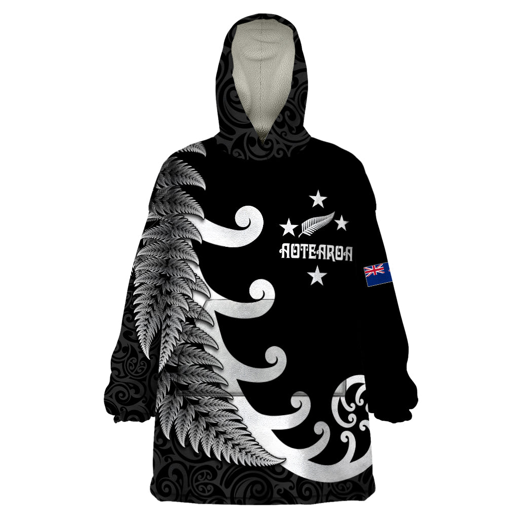 Personalised New Zealand Rugby Wearable Blanket Hoodie Aotearoa Silver Fern Koru Maori Style - Wonder Print Shop