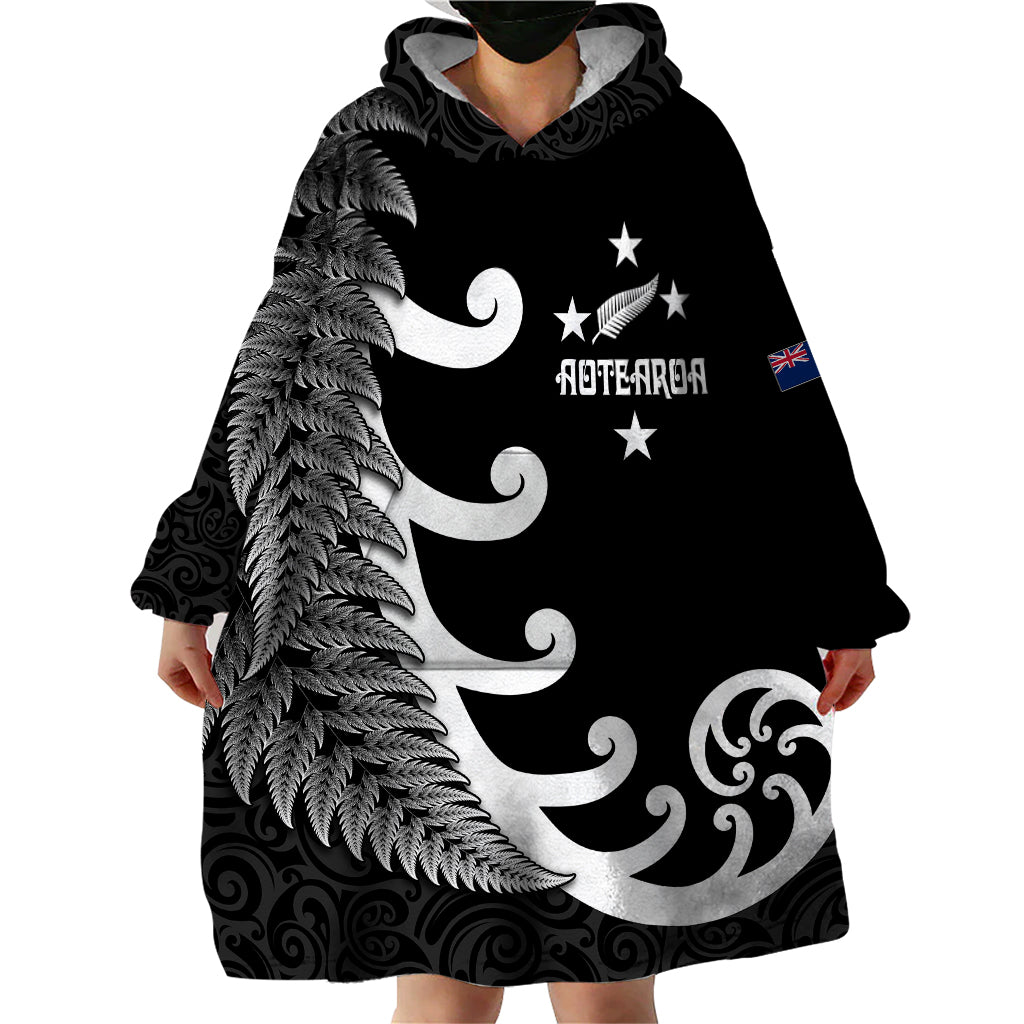 Personalised New Zealand Rugby Wearable Blanket Hoodie Aotearoa Silver Fern Koru Maori Style - Wonder Print Shop
