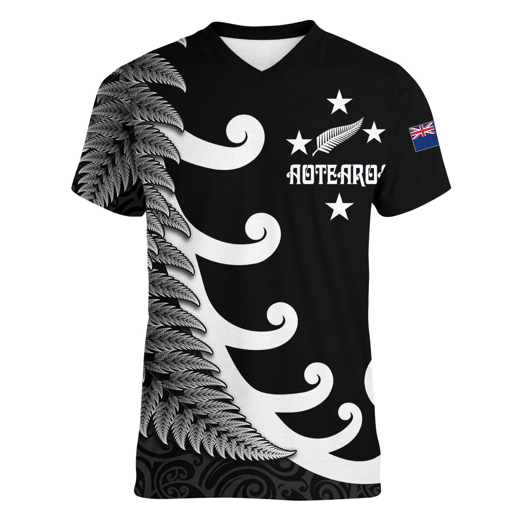 Personalised New Zealand Rugby Women V Neck T Shirt Aotearoa Silver Fern Koru Maori Style - Wonder Print Shop