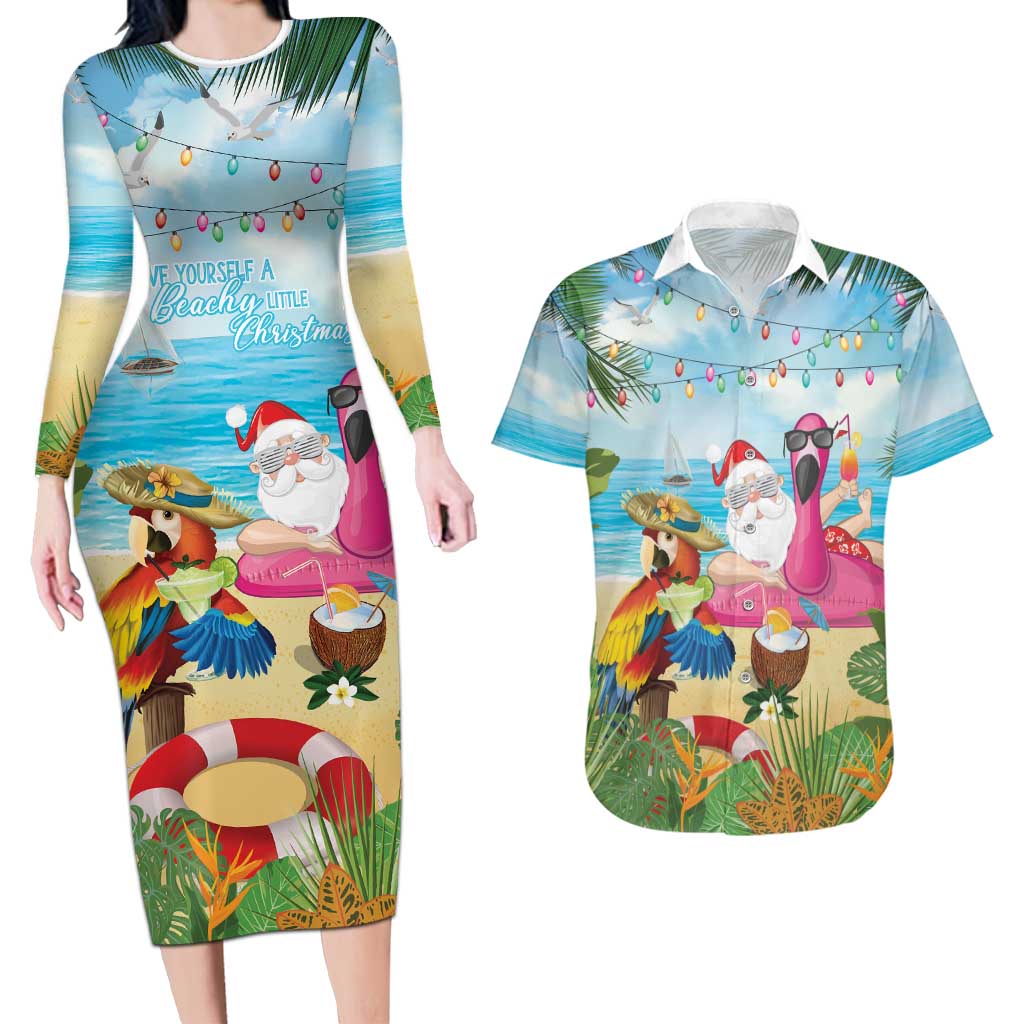 Have Yourself A Beachy Little Christmas Couples Matching Long Sleeve Bodycon Dress and Hawaiian Shirt with Santa Chilling - Wonder Print Shop