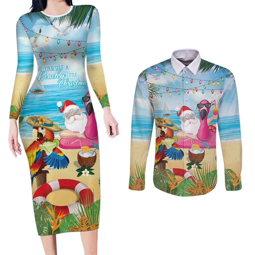 Have Yourself A Beachy Little Christmas Couples Matching Long Sleeve Bodycon Dress and Long Sleeve Button Shirt with Santa Chilling - Wonder Print Shop