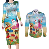 Have Yourself A Beachy Little Christmas Couples Matching Long Sleeve Bodycon Dress and Long Sleeve Button Shirt with Santa Chilling - Wonder Print Shop