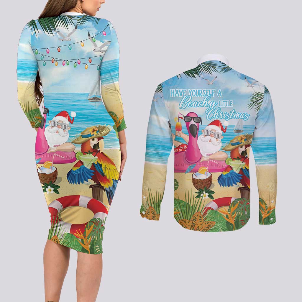 Have Yourself A Beachy Little Christmas Couples Matching Long Sleeve Bodycon Dress and Long Sleeve Button Shirt with Santa Chilling - Wonder Print Shop