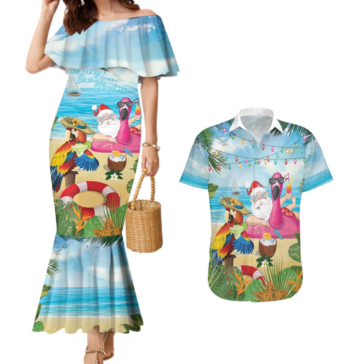 Have Yourself A Beachy Little Christmas Couples Matching Mermaid Dress and Hawaiian Shirt with Santa Chilling - Wonder Print Shop