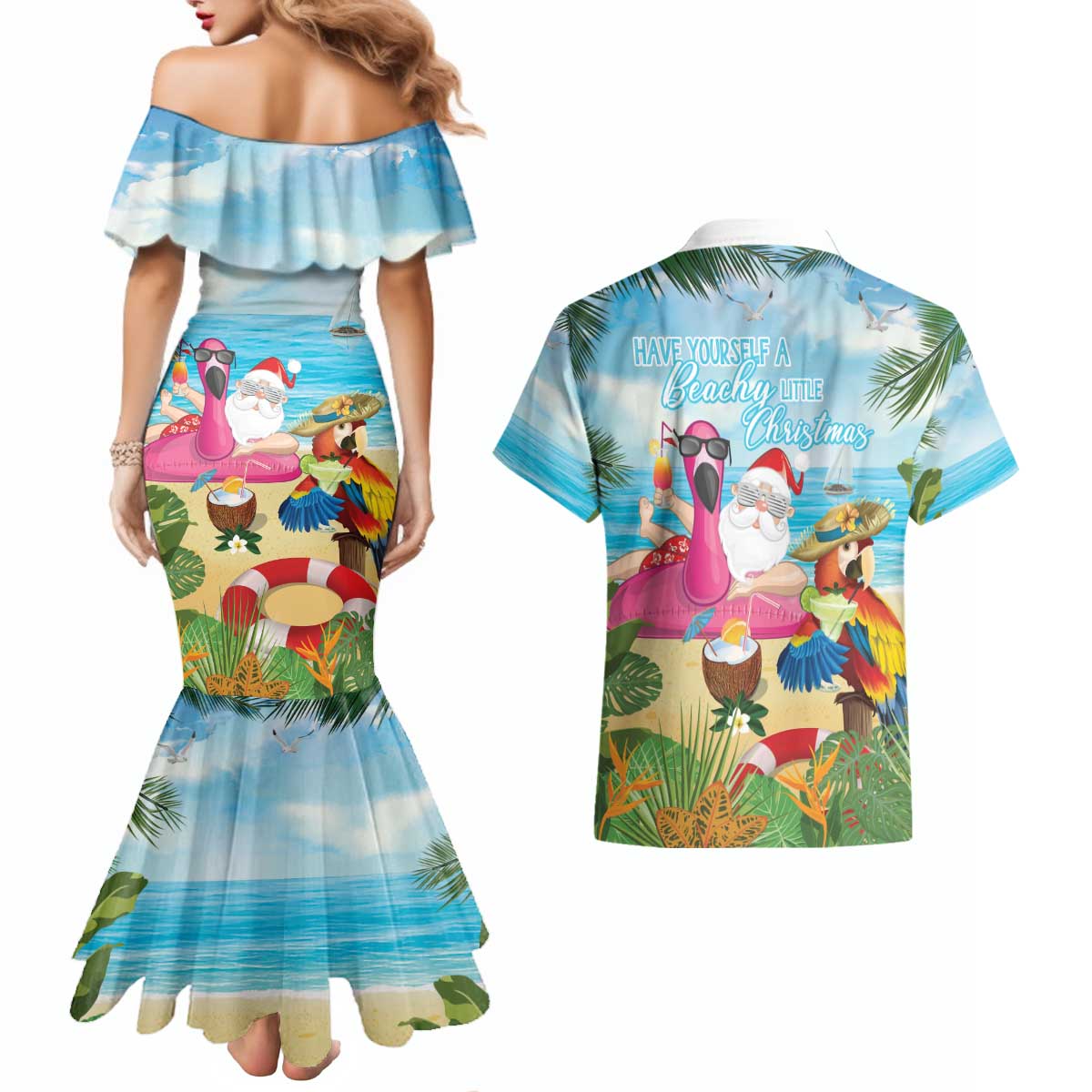 Have Yourself A Beachy Little Christmas Couples Matching Mermaid Dress and Hawaiian Shirt with Santa Chilling - Wonder Print Shop