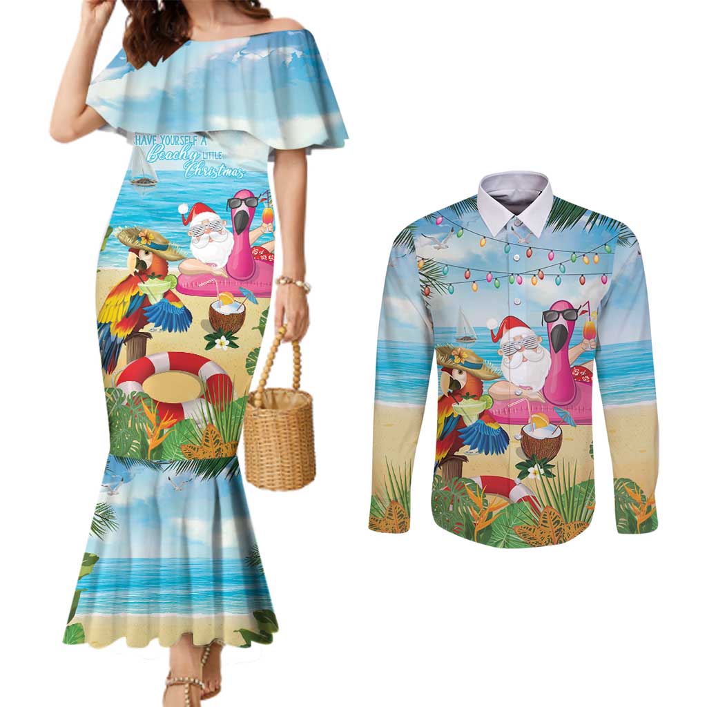 Have Yourself A Beachy Little Christmas Couples Matching Mermaid Dress and Long Sleeve Button Shirt with Santa Chilling - Wonder Print Shop