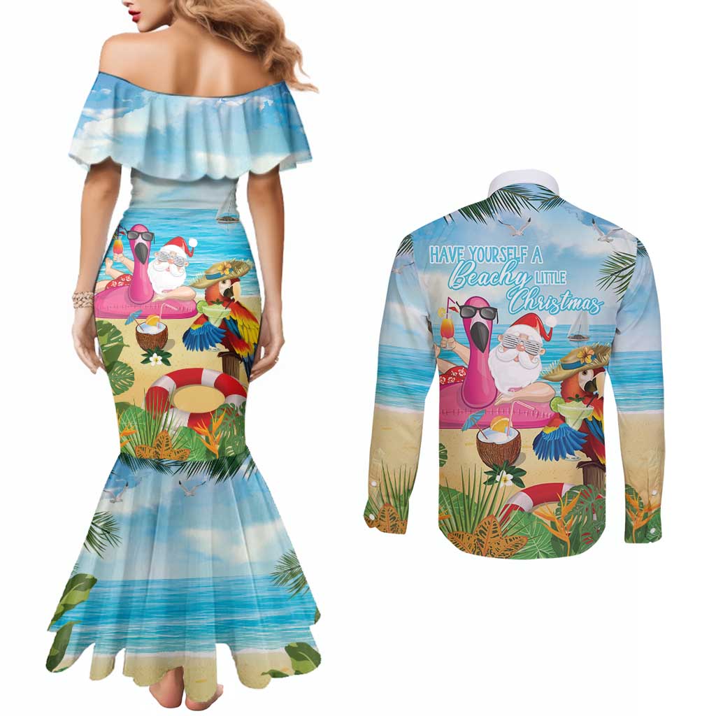 Have Yourself A Beachy Little Christmas Couples Matching Mermaid Dress and Long Sleeve Button Shirt with Santa Chilling - Wonder Print Shop