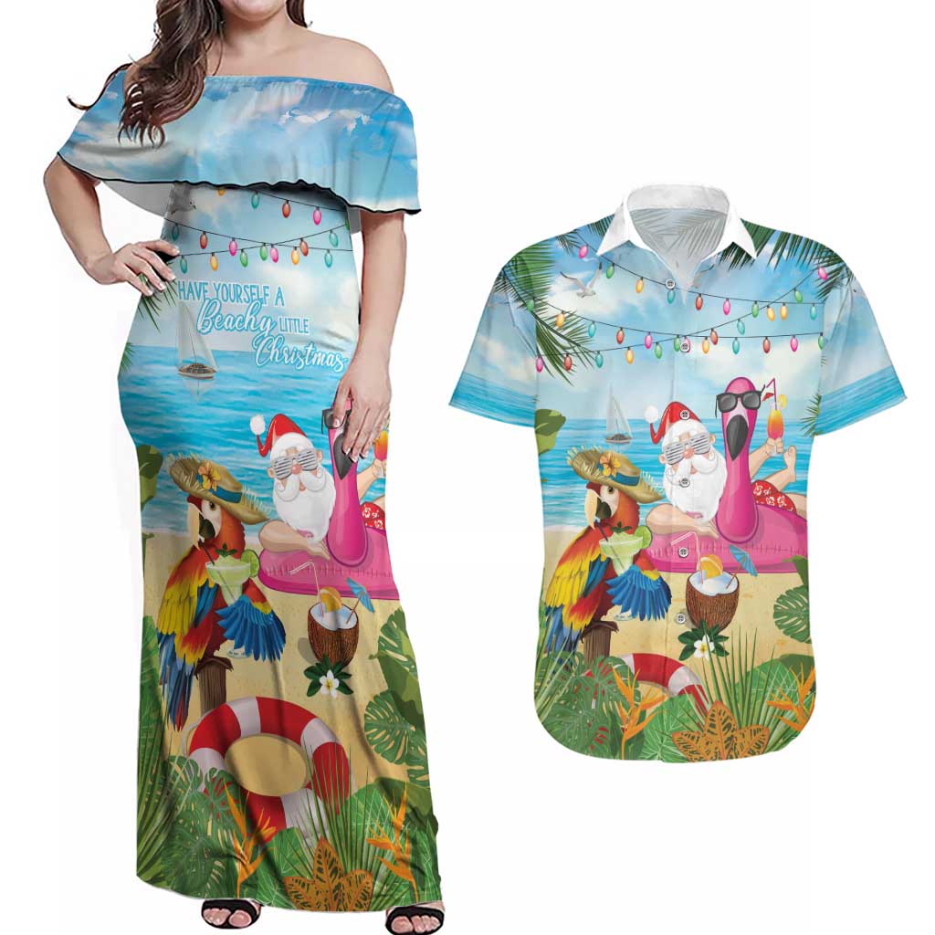 Have Yourself A Beachy Little Christmas Couples Matching Off Shoulder Maxi Dress and Hawaiian Shirt with Santa Chilling - Wonder Print Shop