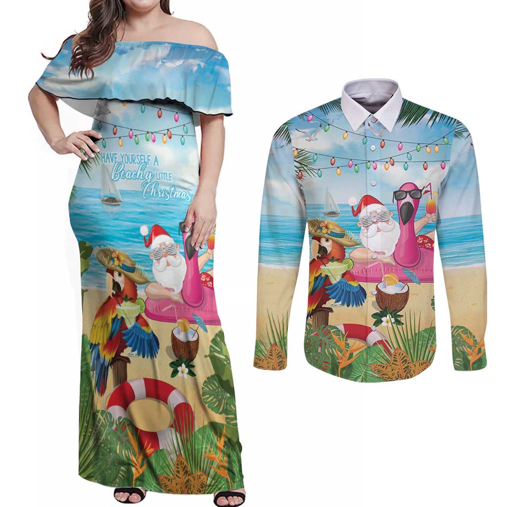 Have Yourself A Beachy Little Christmas Couples Matching Off Shoulder Maxi Dress and Long Sleeve Button Shirt with Santa Chilling - Wonder Print Shop