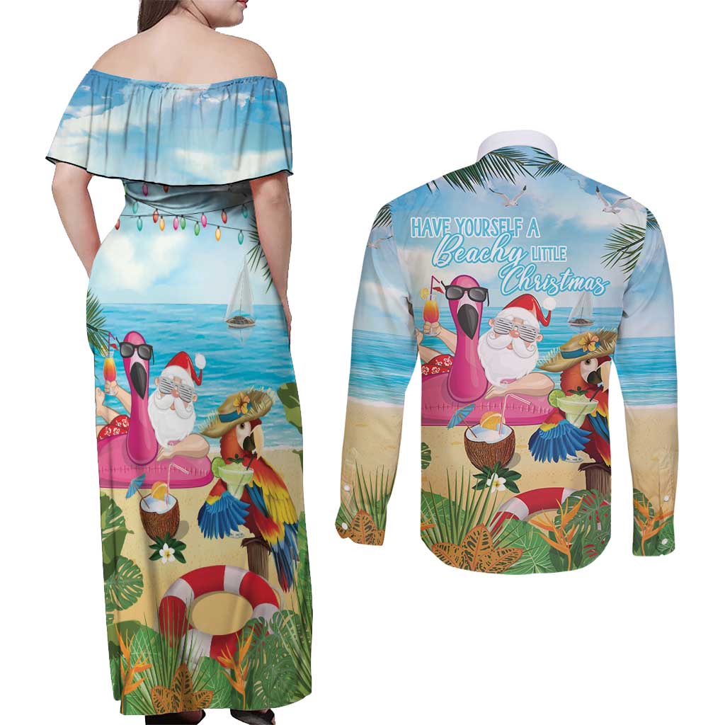 Have Yourself A Beachy Little Christmas Couples Matching Off Shoulder Maxi Dress and Long Sleeve Button Shirt with Santa Chilling - Wonder Print Shop