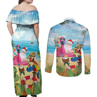 Have Yourself A Beachy Little Christmas Couples Matching Off Shoulder Maxi Dress and Long Sleeve Button Shirt with Santa Chilling - Wonder Print Shop